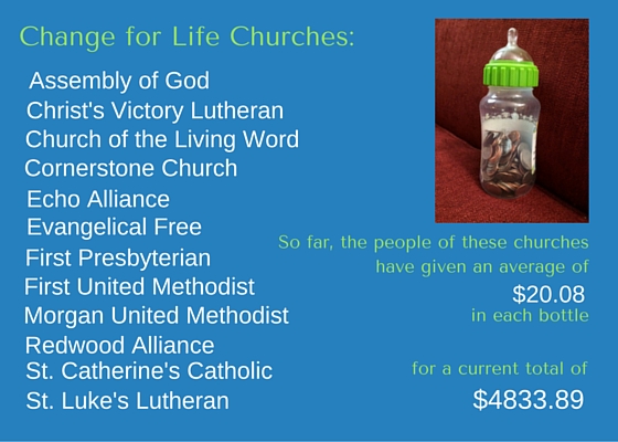 Twelve Redwood Falls area churches filled baby bottles to donate Change for Life.