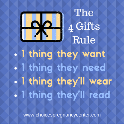 Kids don't need tons of gifts. Four gifts is plenty: 1 they want, 1 they need, 1 they'll wear, and 1 they'll read.