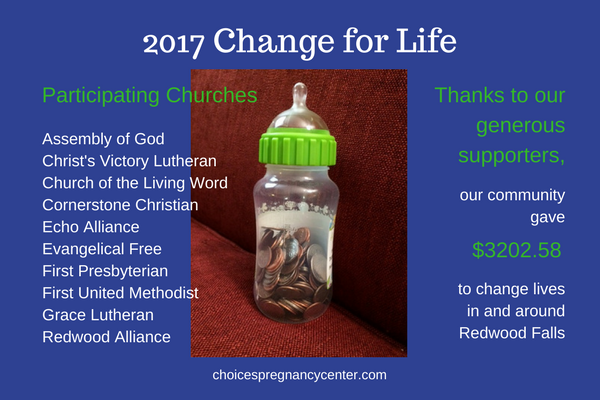 Participating churches collected baby bottles full of change to help Choices Pregnancy Center change lives in and around Redwood Falls, Minnesota.