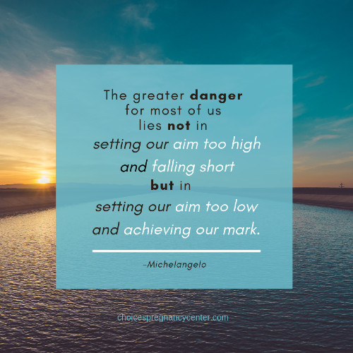 Michelangelo said, "The greater danger lies not in setting our aim too high and falling short, but in setting our aim too low and achieving our mark."