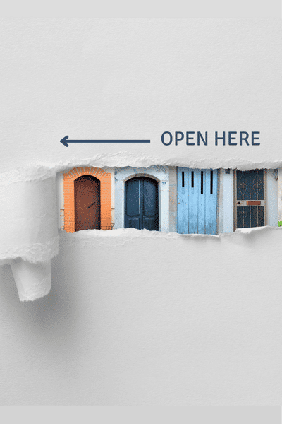 paper tearing to reveal four doors with words open here