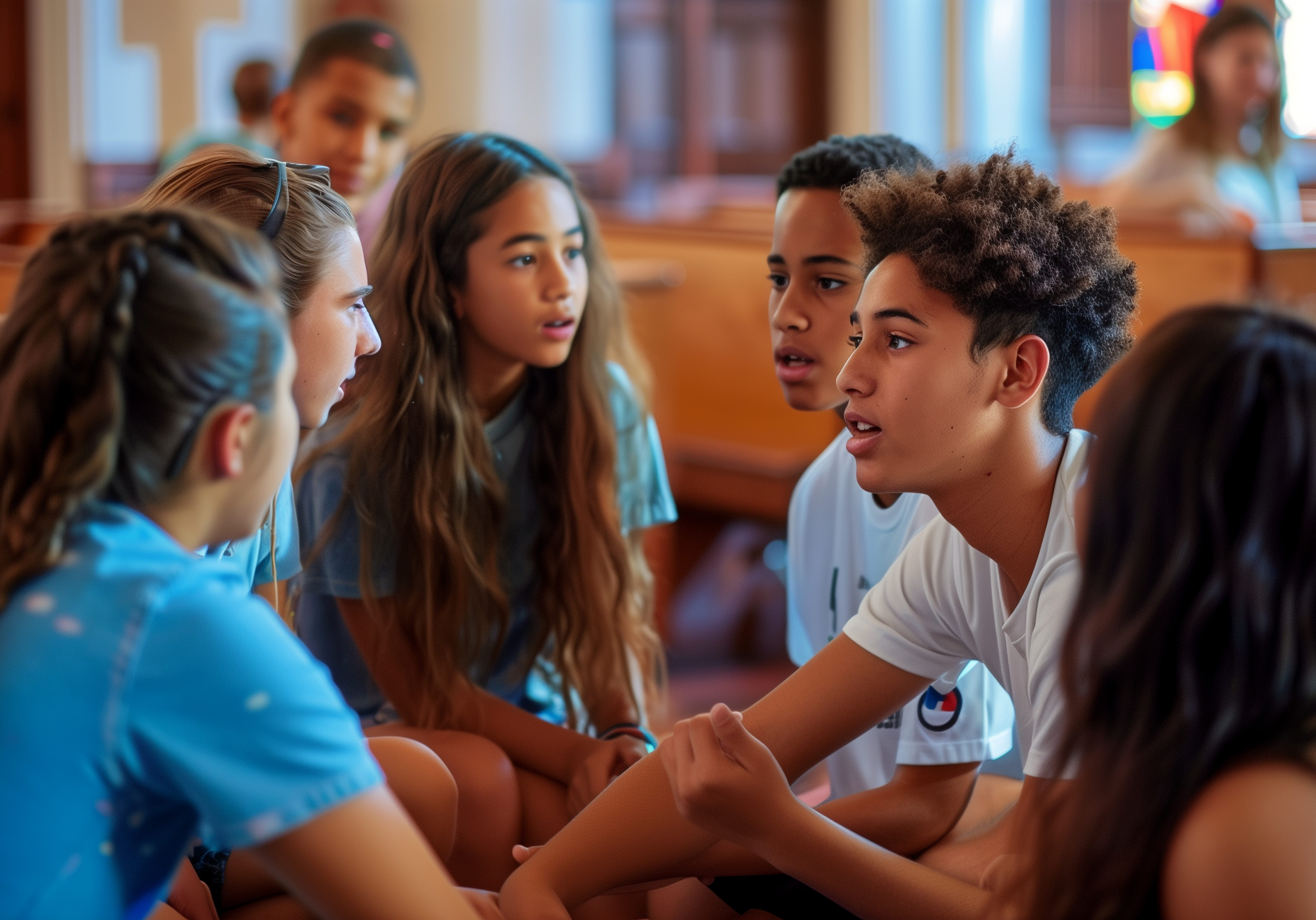 showing a group of teenagers participating in a youth group meeting in a church hall