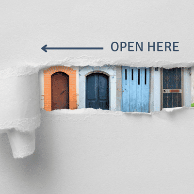 paper tearing to reveal four doors with words open here